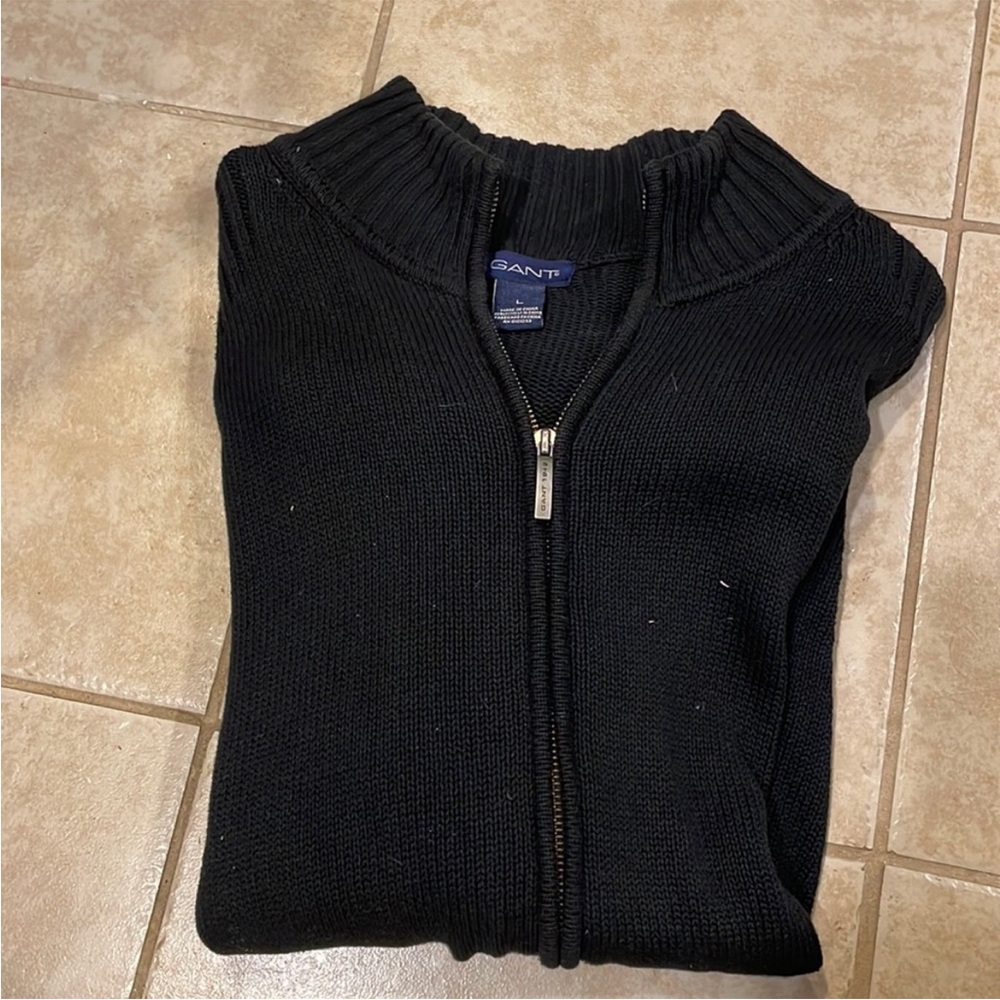 Gant Black Zip Up Ribbed Sweater